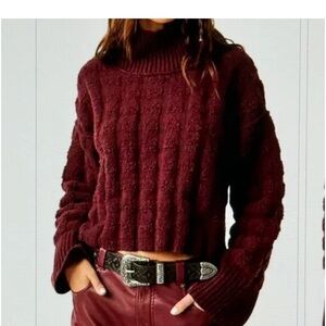 Free People “Care Soul Searcher” Mock Neck Sweater in Wine Heather BRAND NEW